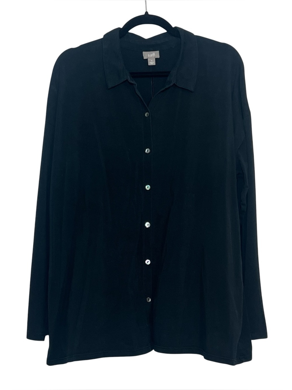 J Jill Top Womens Size XL Black Long Sleeve Knit Button Up Shirt Stretch Basic
